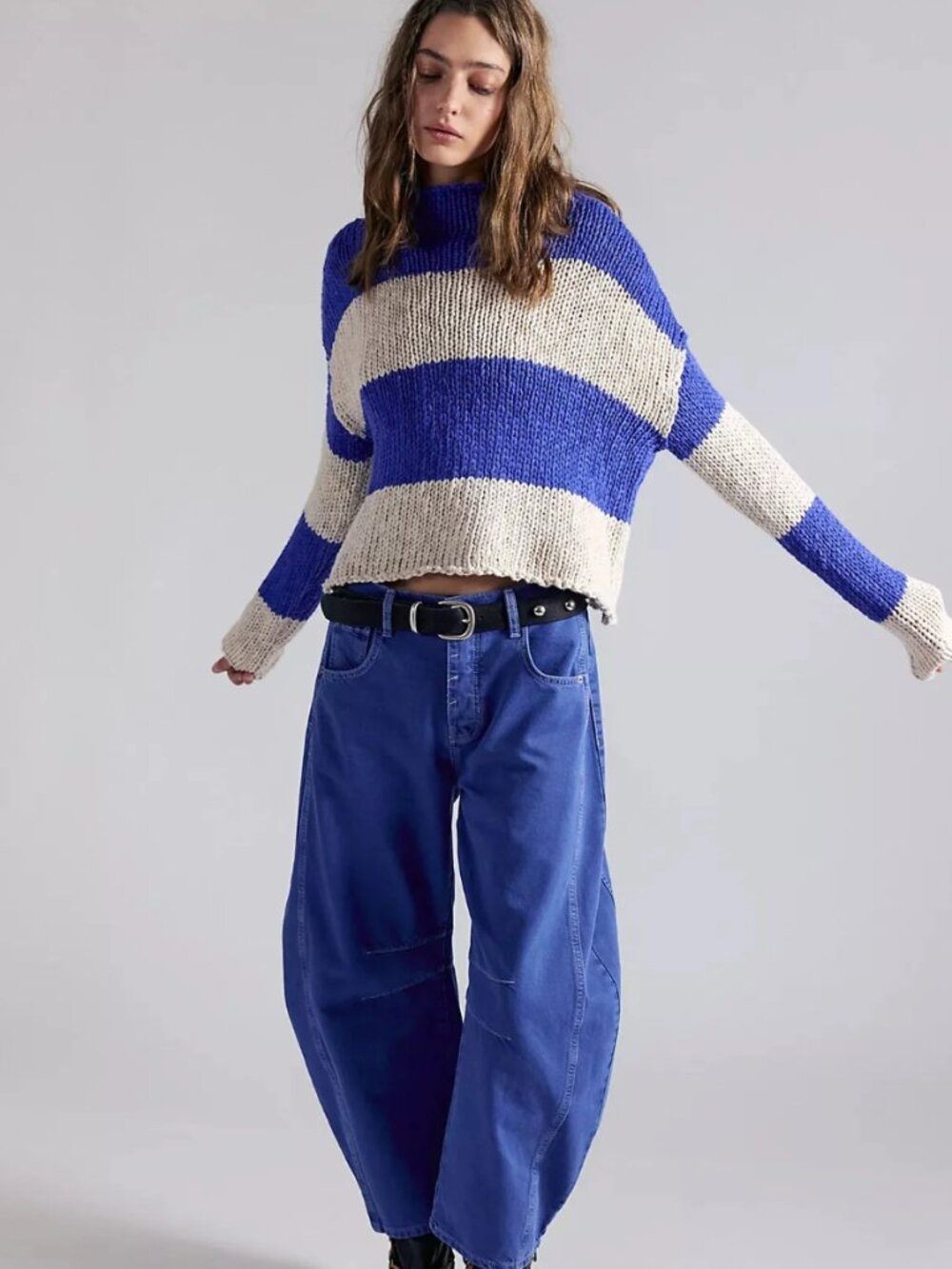 NWT Free People Opal Rollneck Knit Stripe Sweater in Cobalt Combo